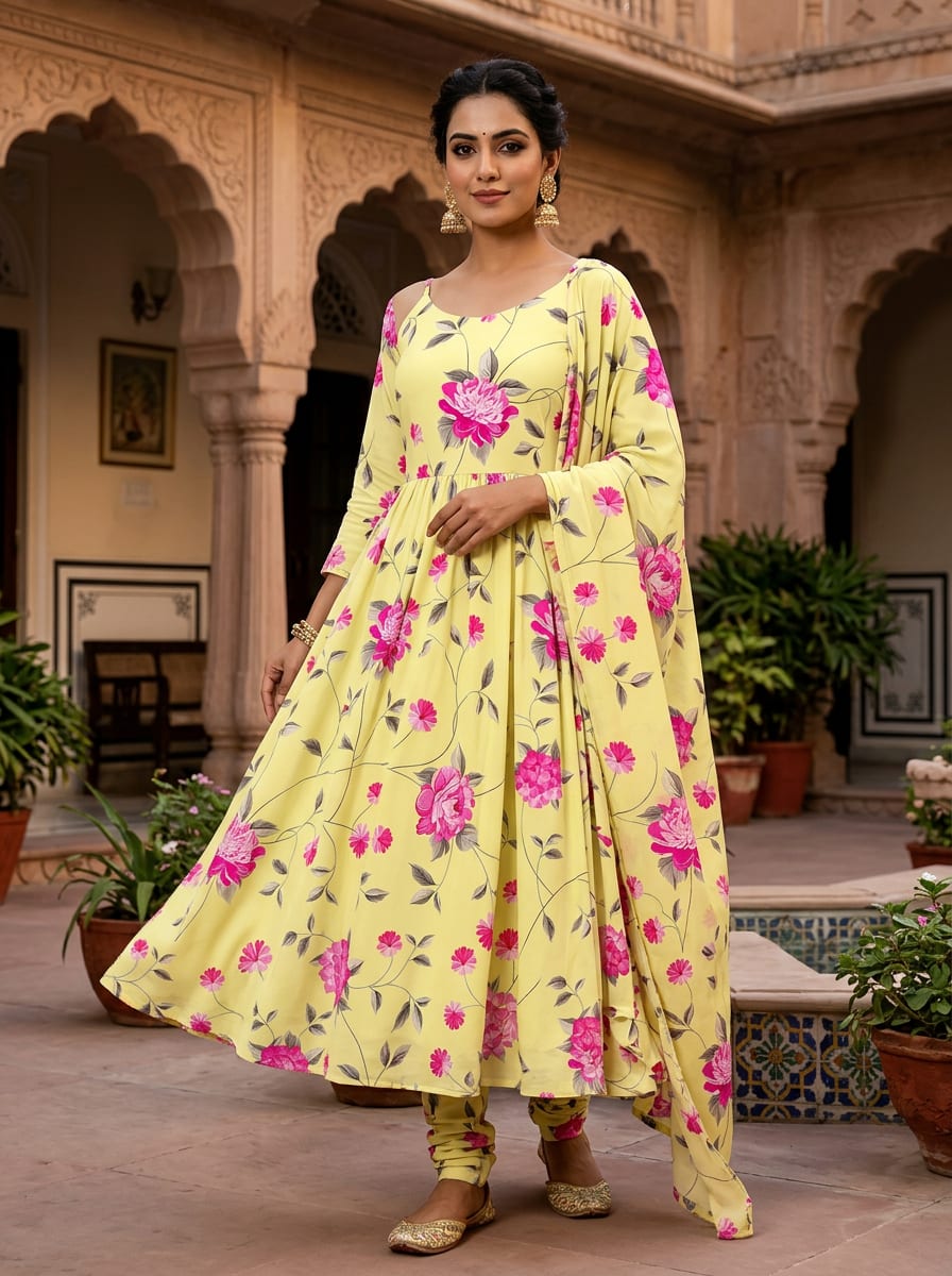Yellow Pink Floral Vine Silk Crepe Digital Printed Fabric