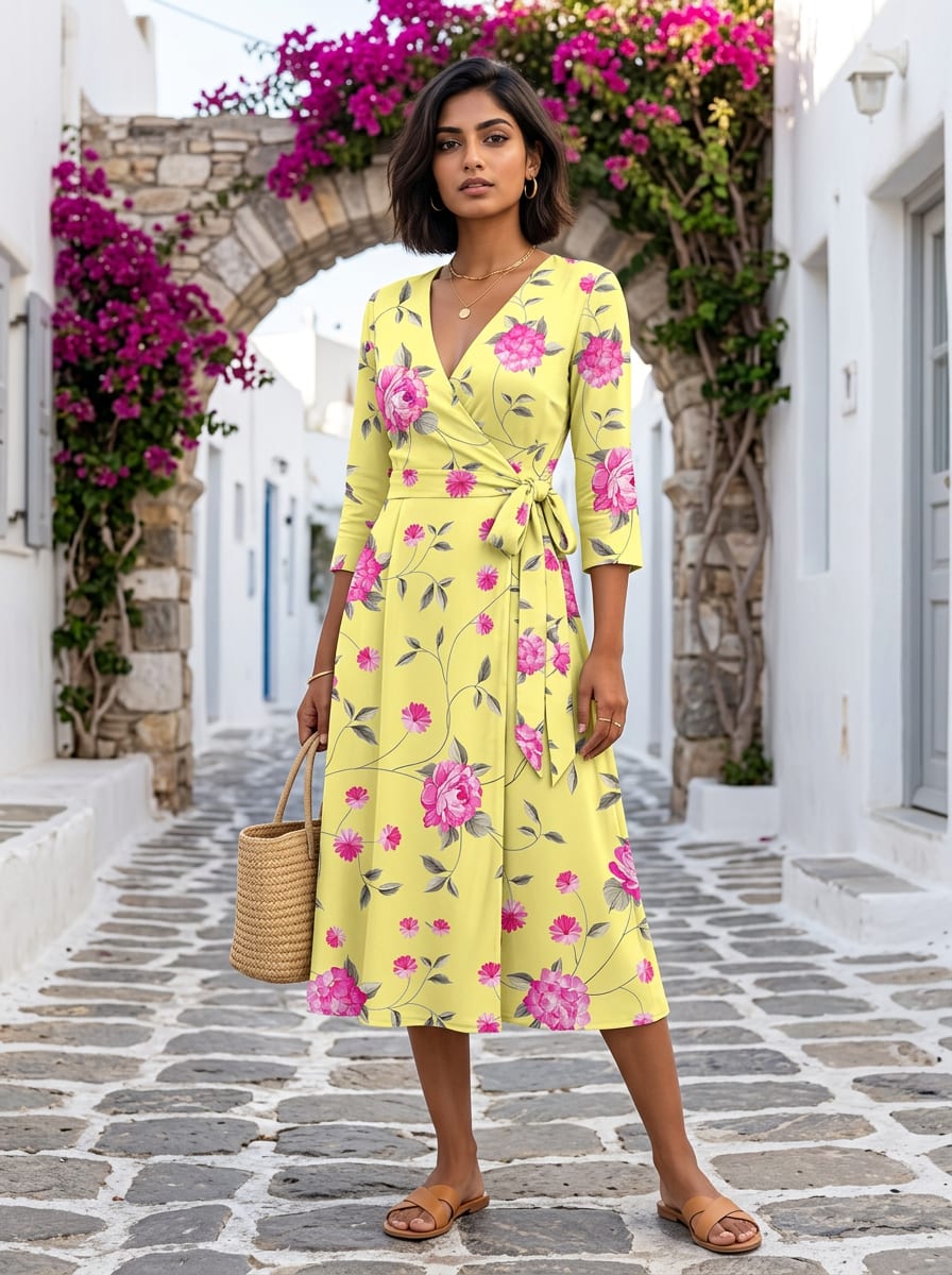 Yellow Pink Floral Vine Silk Crepe Digital Printed Fabric
