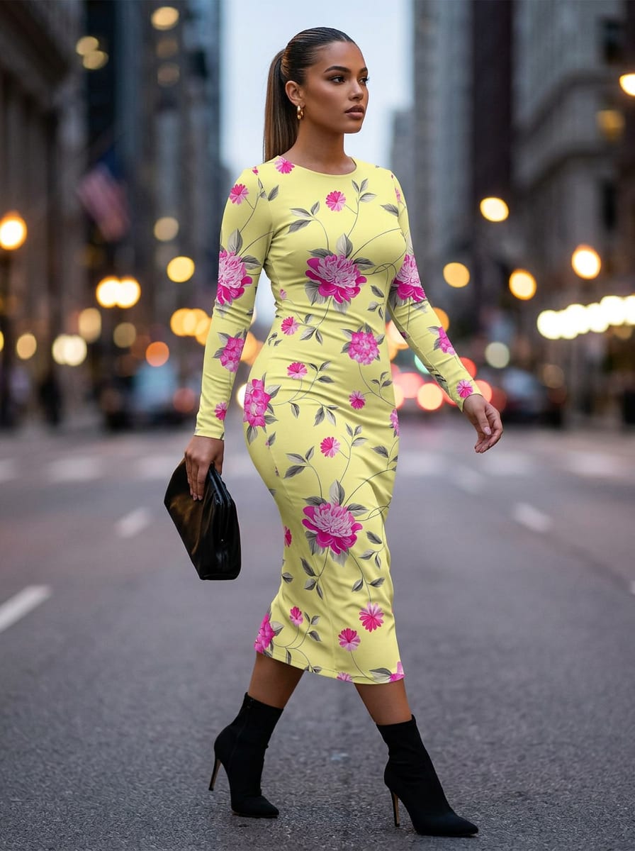 Yellow Pink Floral Vine Silk Crepe Digital Printed Fabric