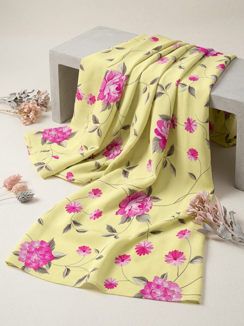 Yellow Pink Floral Vine Silk Crepe Digital Printed Fabric
