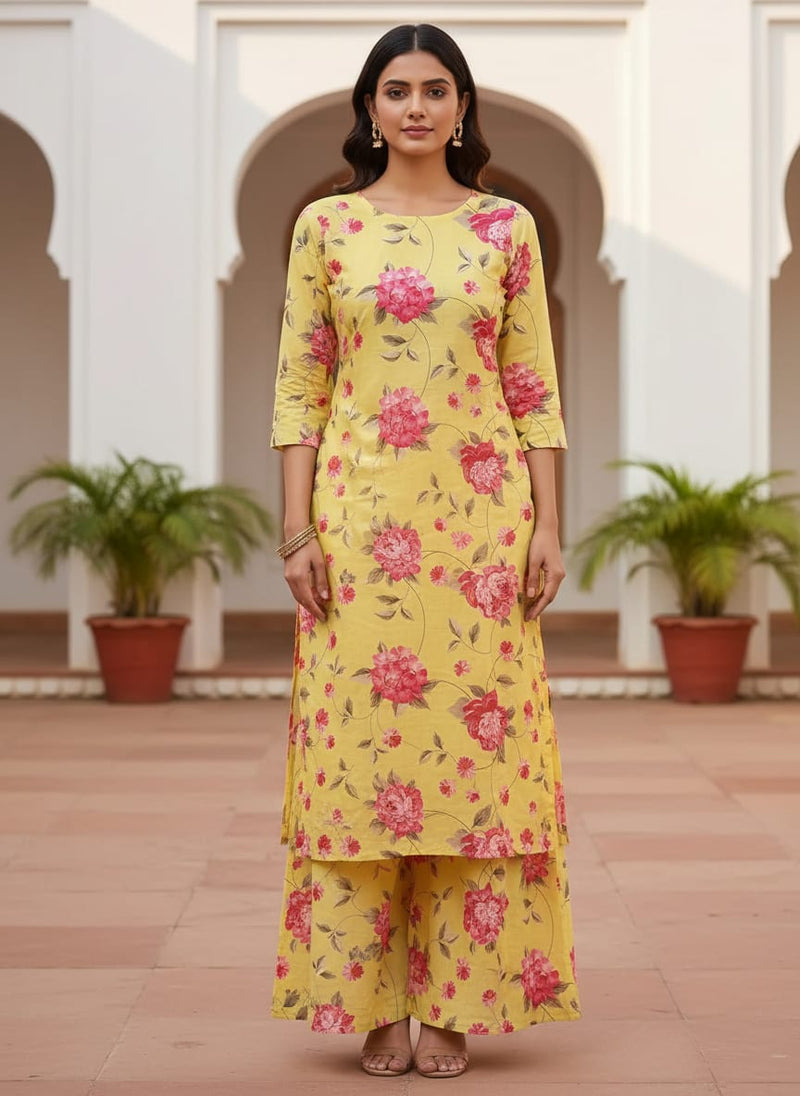 Pink Flower On Lemon Yellow Digital Printed Fabric  - Pure Cotton