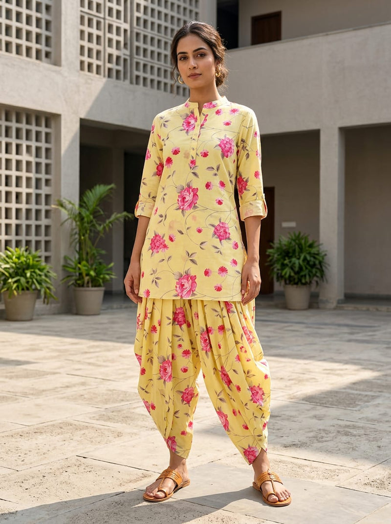 Yellow Pink Floral Vine Print Pure Cotton Digital Printed Fabric