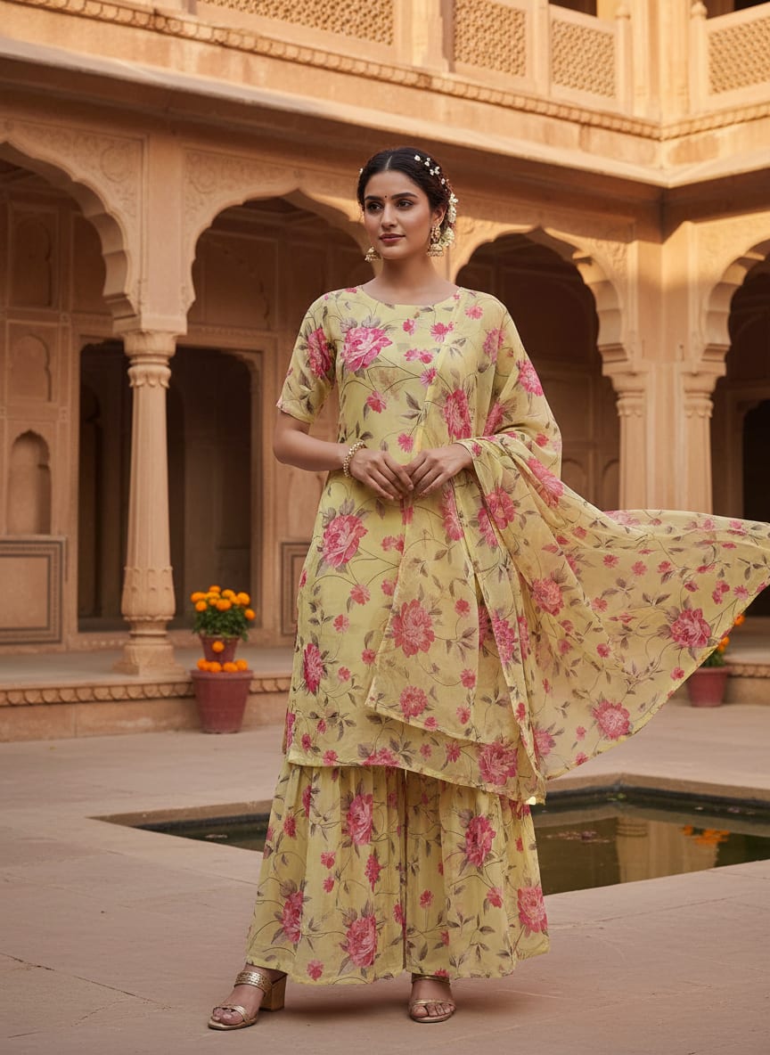 Pink Flower On Lemon Yellow Digital Printed Fabric  - Pure Georgette