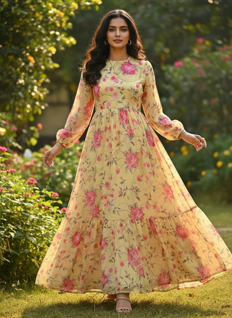 Yellow Dainty Pink Floral Vine Pure Georgette Digital Printed Fabric