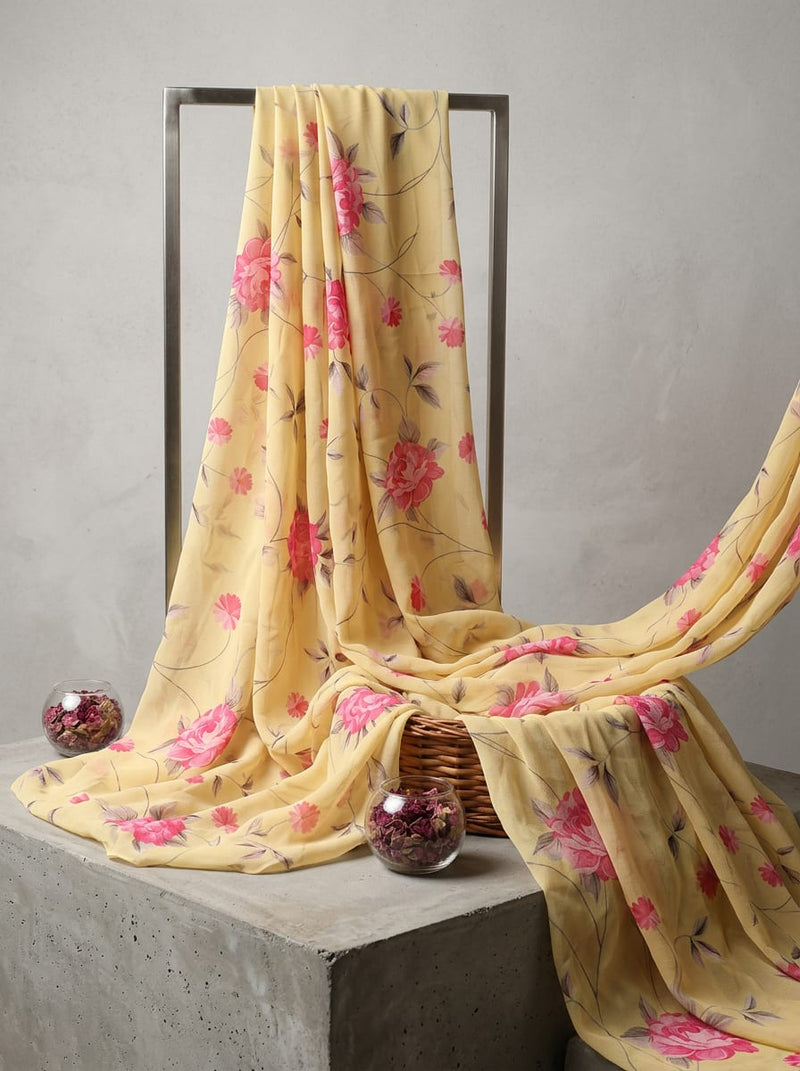 Yellow Dainty Pink Floral Vine Pure Georgette Digital Printed Fabric