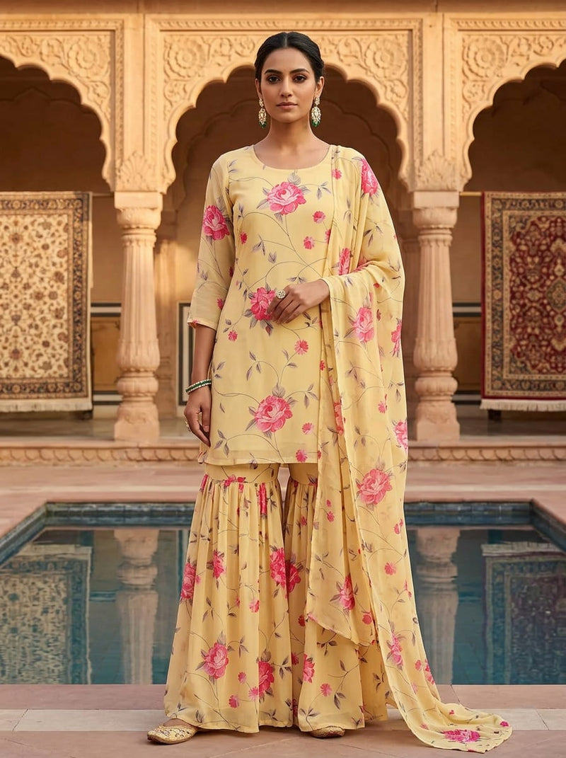 Yellow Dainty Pink Floral Vine Pure Georgette Digital Printed Fabric