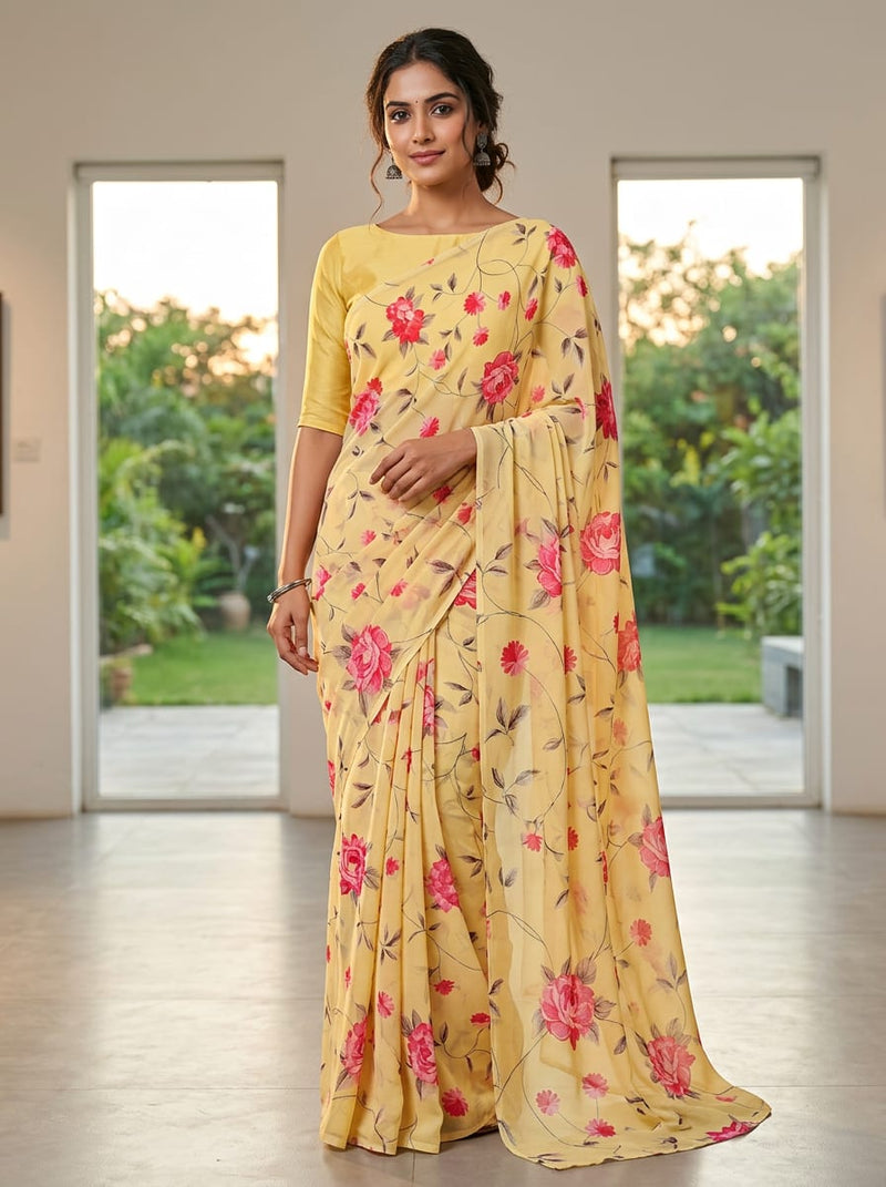 Yellow Dainty Pink Floral Vine Pure Georgette Digital Printed Fabric