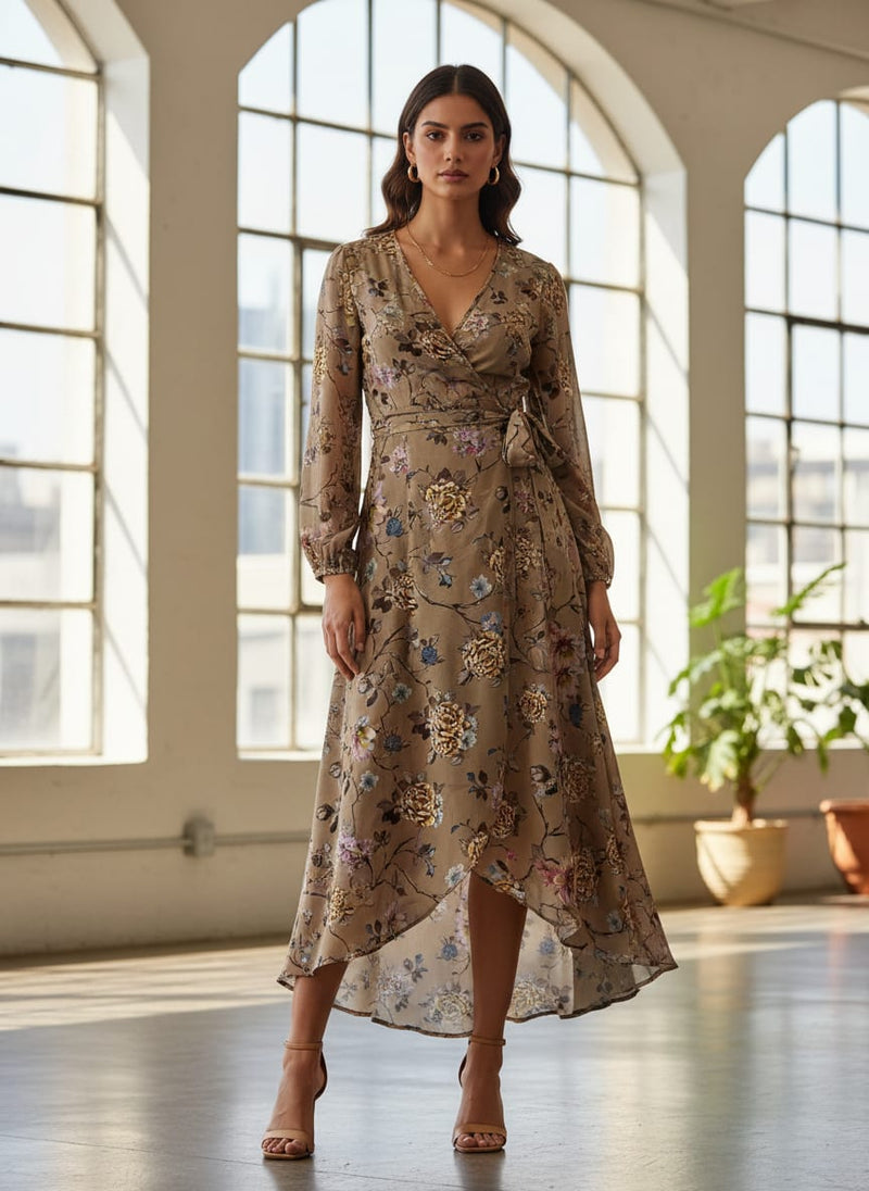Coffee Grey Flower With Branch Digital Printed Fabric  - Crepe