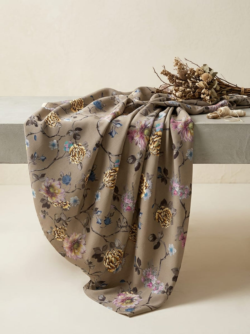 Brown Vintage Floral Branch Print Silk Crepe Digital Printed Fabric