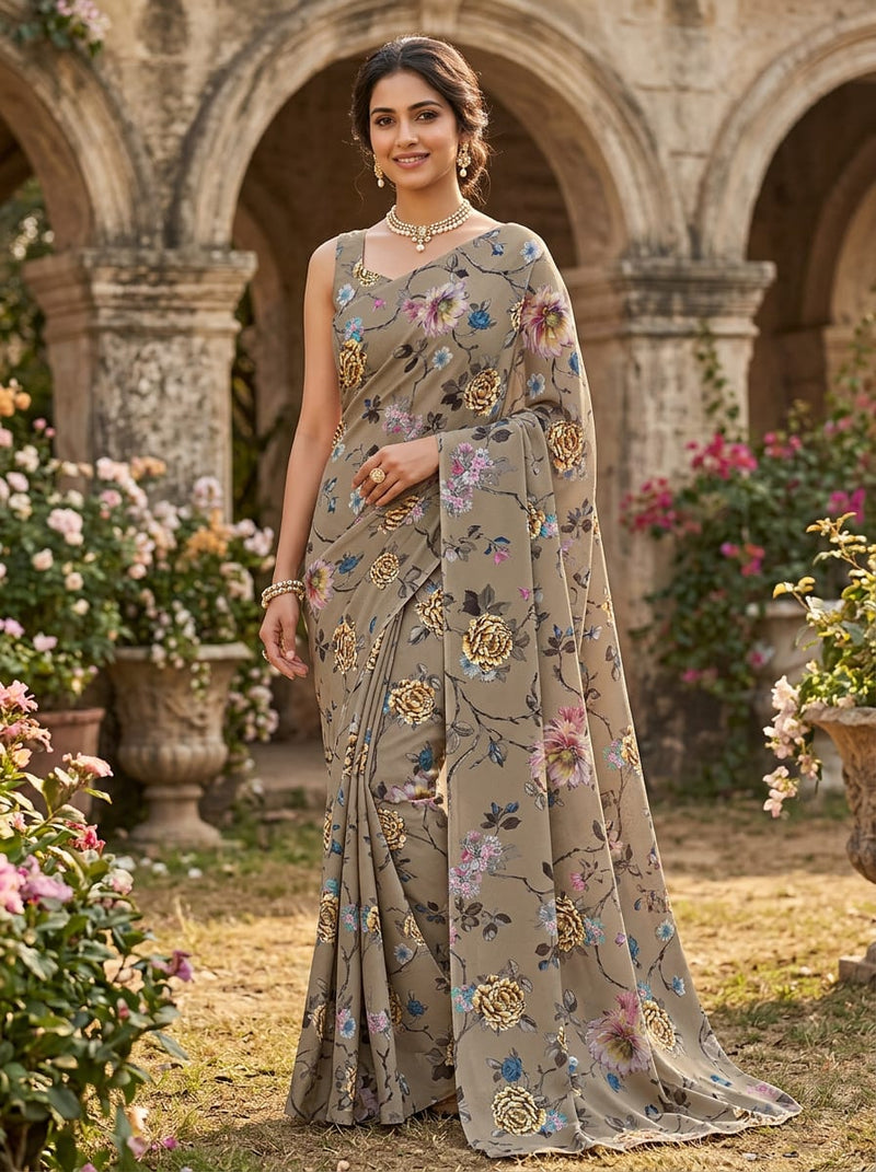 Brown Vintage Floral Branch Print Silk Crepe Digital Printed Fabric