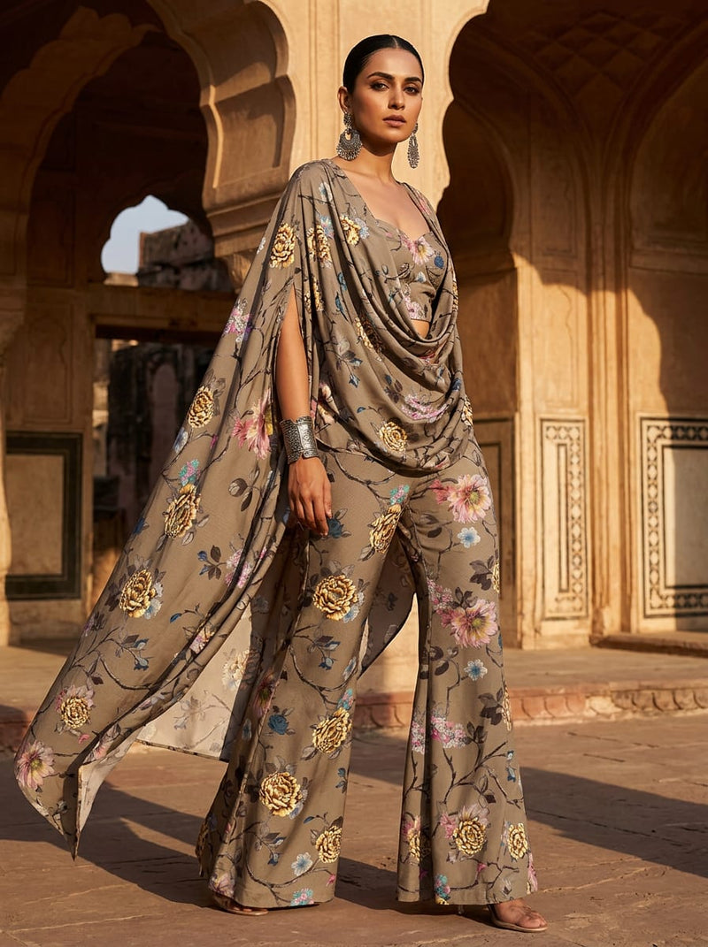 Brown Vintage Botanical Floral Print Upada Silk Digital Printed Fabric
