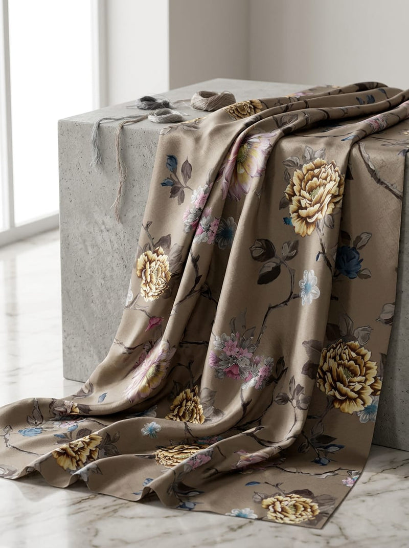Brown Vintage Botanical Floral Print Upada Silk Digital Printed Fabric