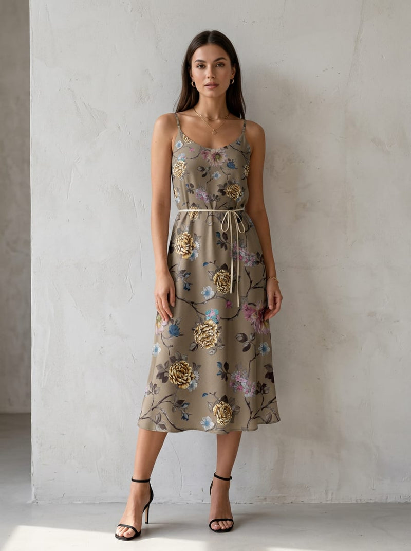 Brown Vintage Botanical Floral Print Upada Silk Digital Printed Fabric