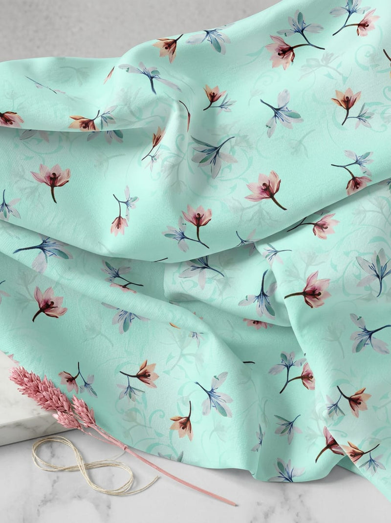 Green Dainty Floral Buds Print Japan Satin Digital Printed Fabric
