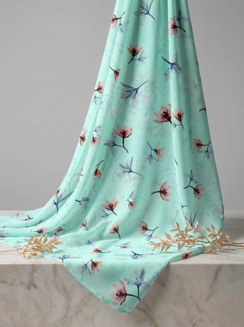 Green Dainty Watercolour Floral Buds Weightless Digital Printed Fabric