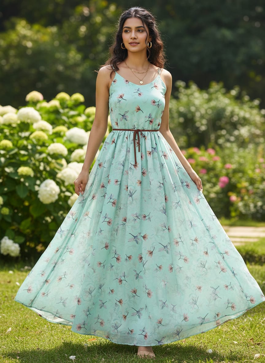 Brown Floating Flower On Rama Green Digital Printed Fabric  - Pure Georgette