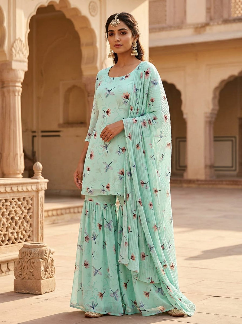Green Dainty Floral and Vine Print Pure Georgette Digital Printed Fabric
