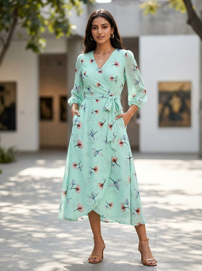 Green Dainty Floral and Vine Print Pure Georgette Digital Printed Fabric
