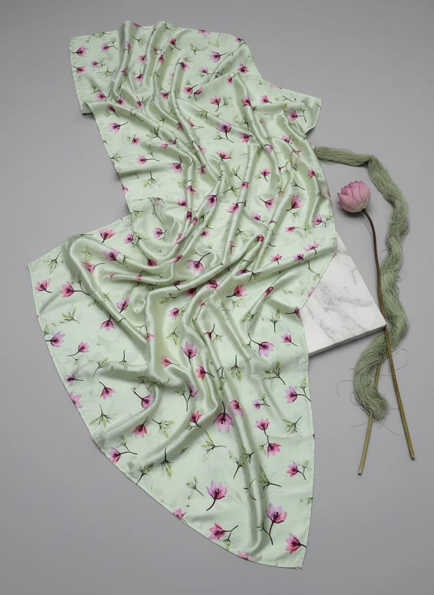Green Scattered Pink Floral Buds Japan Satin Digital Printed Fabric