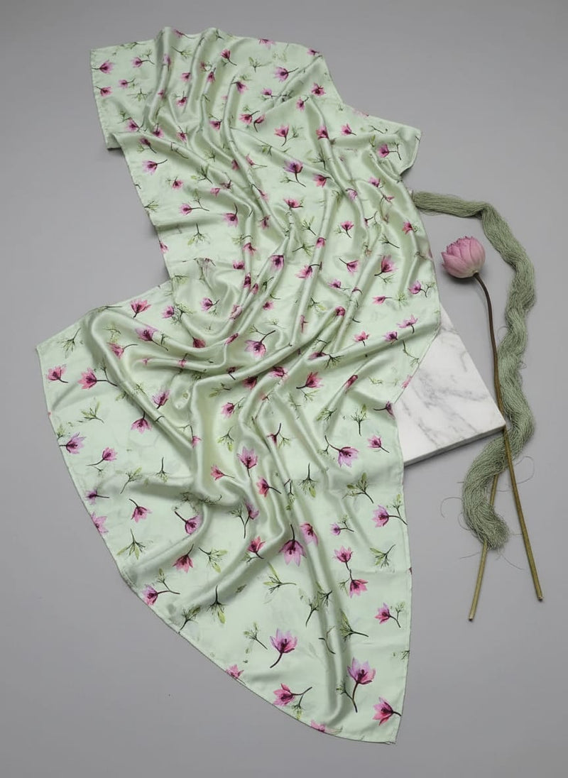 Green Scattered Pink Floral Buds Japan Satin Digital Printed Fabric