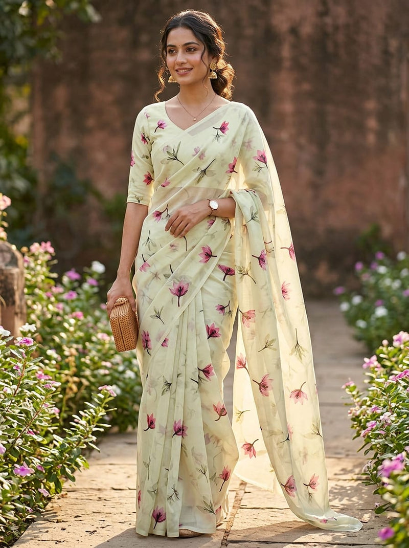 Cream Watercolor Pink Floral Kora Silk Digital Printed Fabric