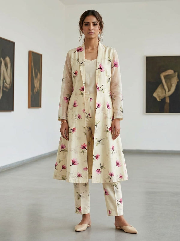Cream Watercolor Pink Floral Kora Silk Digital Printed Fabric - Jacket Kurta with Straight Pants Lookbook - KS-0-TA06994P2-110 - alternate view