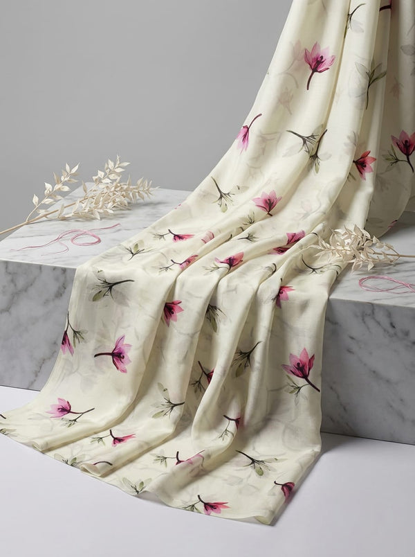 Cream Watercolor Pink Floral Kora Silk Digital Printed Fabric - Fabric Editorial Studio Flatlay Lookbook - KS-0-TA06994P2-110
