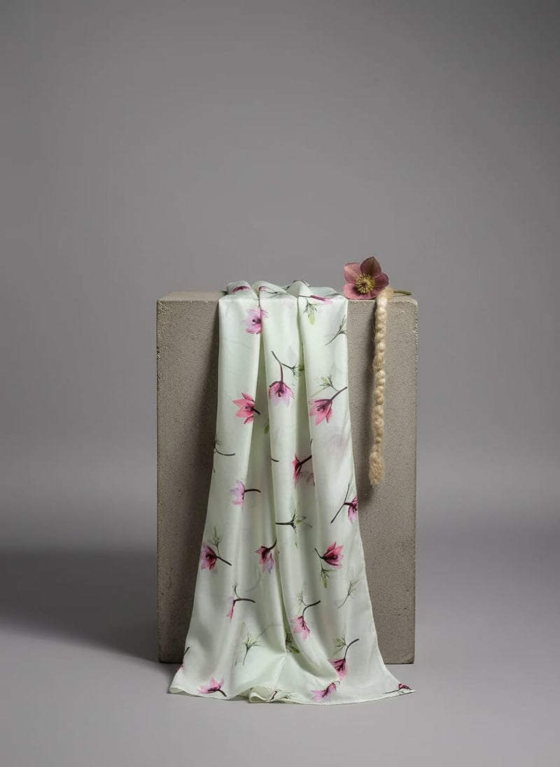 Pink Red Floating Flower On Lemon Yellow Digital Printed Fabric  - Crepe