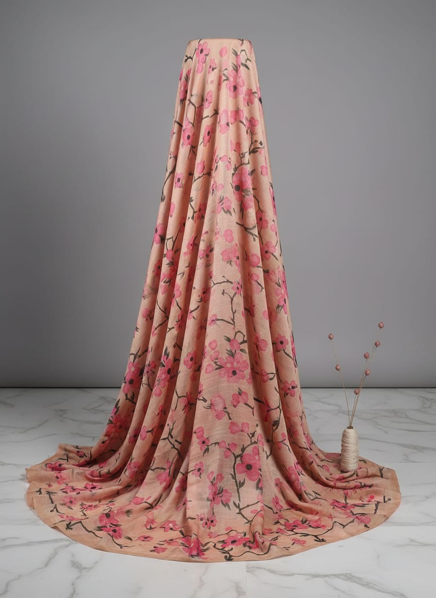 Cherry Red Flower With Branch Digital Printed Fabric  - Tusser Silk
