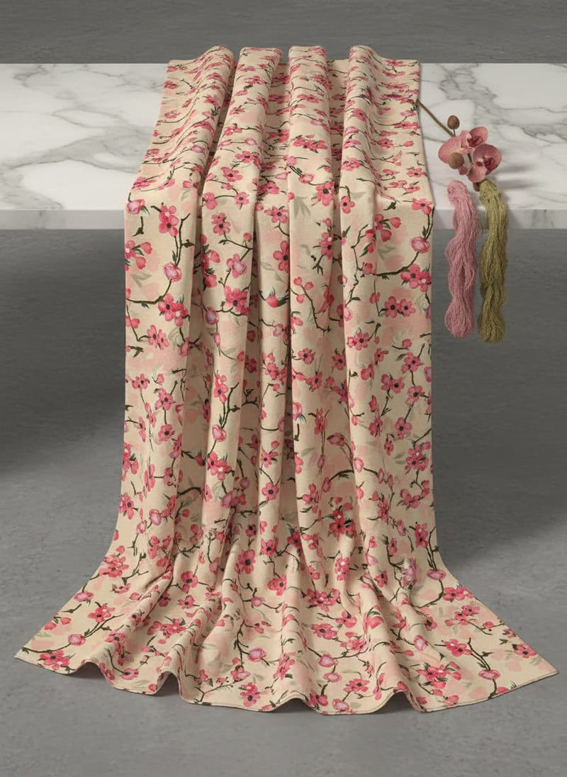 Cherry Red Flower With Branch Digital Printed Fabric  - Muslin