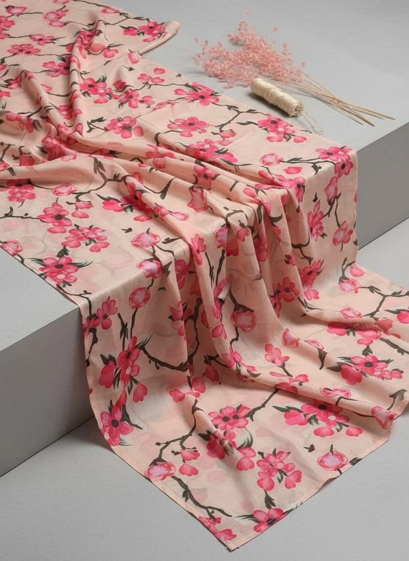Cherry Red Flower With Branch Digital Printed Fabric  - Crepe