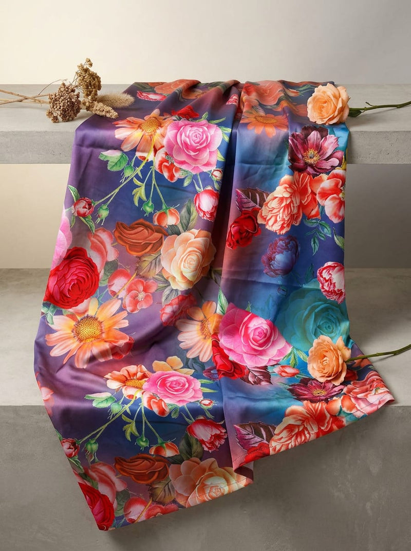 Multicolor Vibrant Botanical Floral Japan Satin Digital Printed Fabric