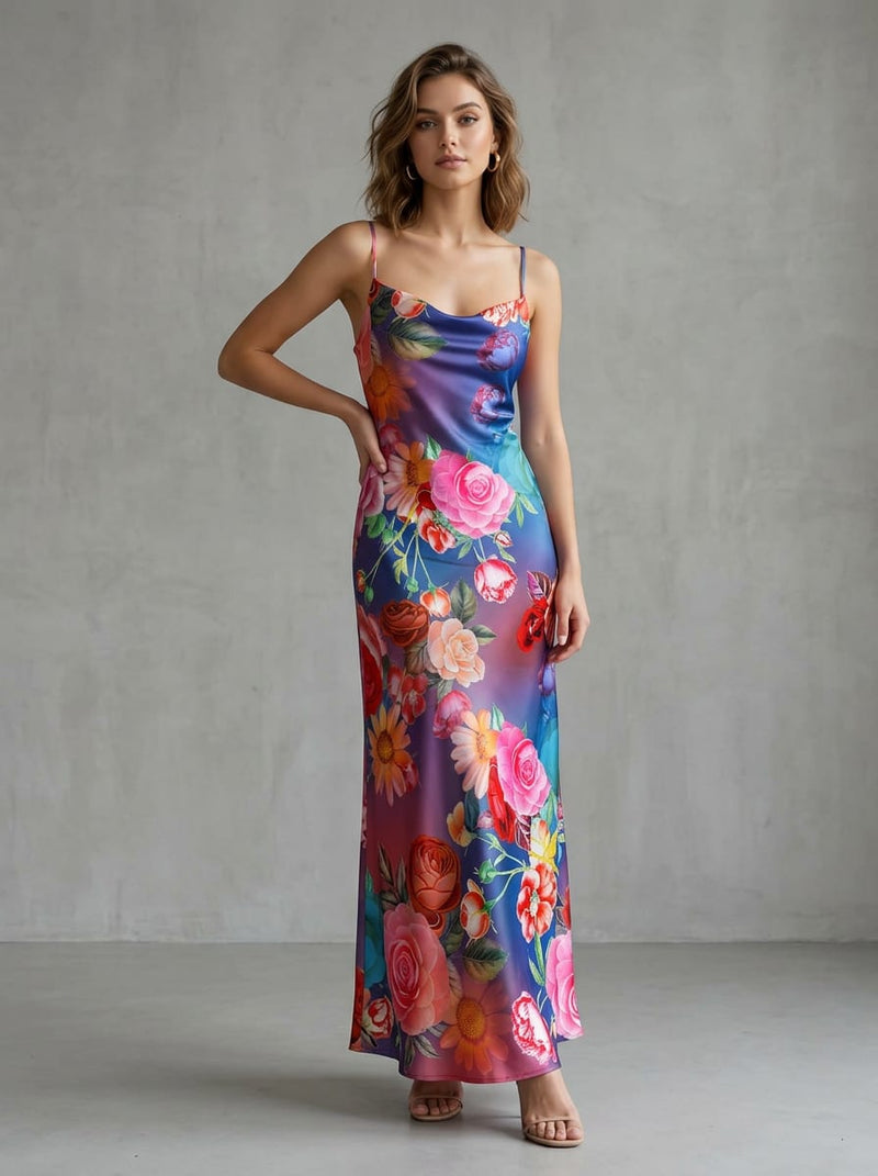 Multicolor Vibrant Botanical Floral Japan Satin Digital Printed Fabric