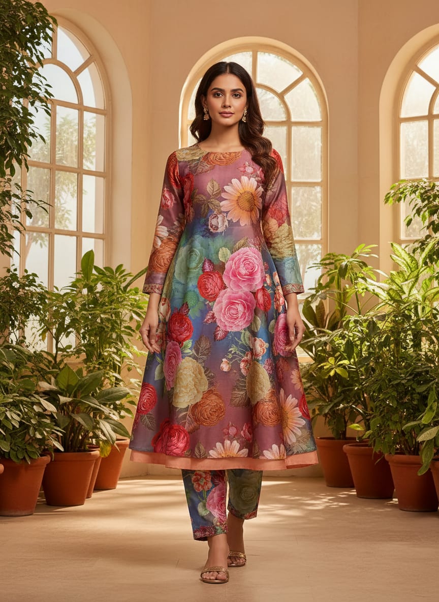Multicolor Vibrant Garden Floral Kora Silk Digital Printed Fabric