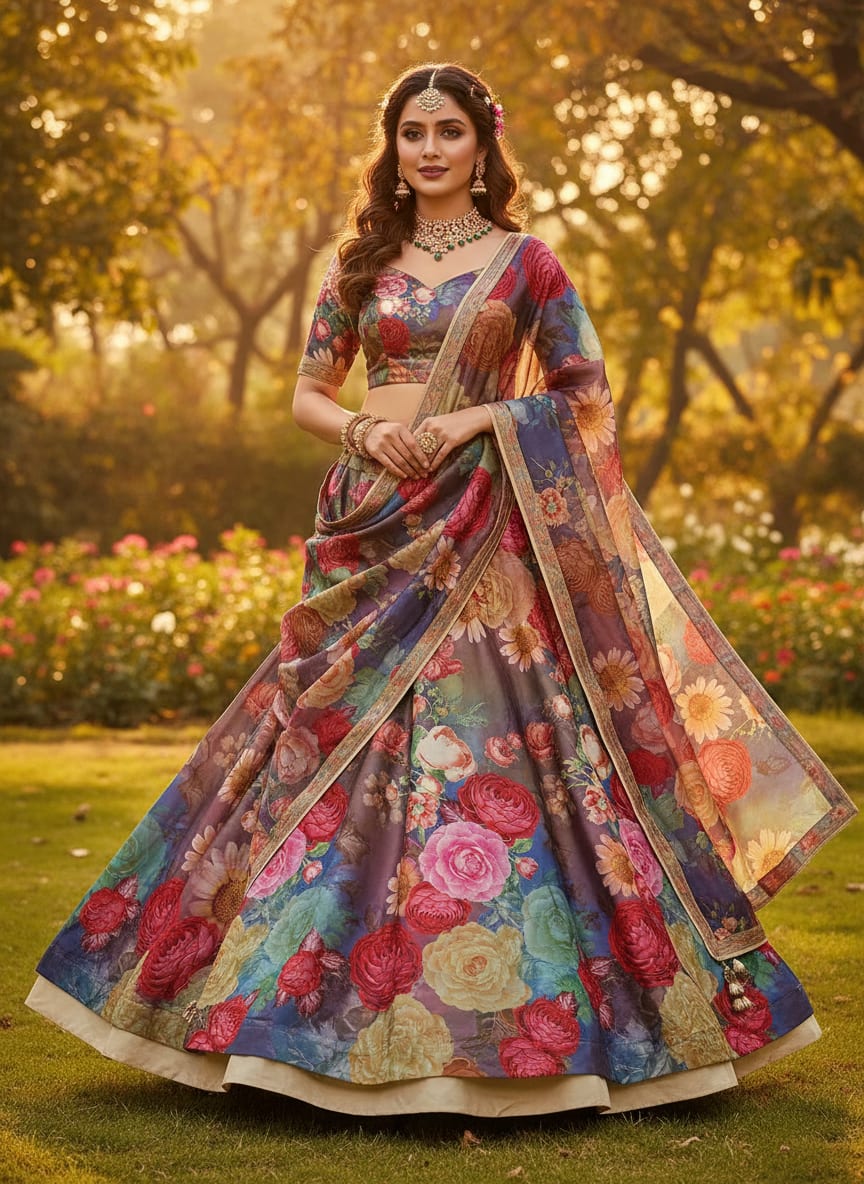 Huge Realistic Flowers Digital Printed Fabric  - Kora Silk