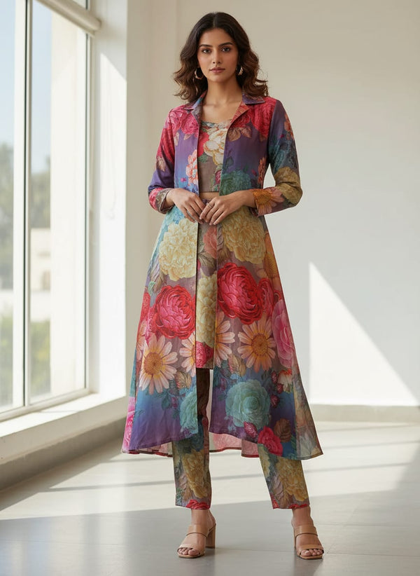 Multicolor Vibrant Garden Floral Kora Silk Digital Printed Fabric - Jacket Kurta with Straight Pants Lookbook - KS-0-TA07202L4-110 - alternate view
