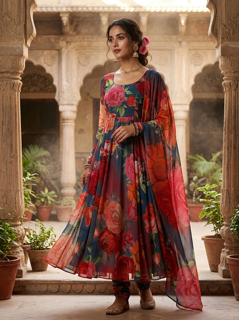 Multicolor Bold Botanical Floral Pure Georgette Digital Printed Fabric
