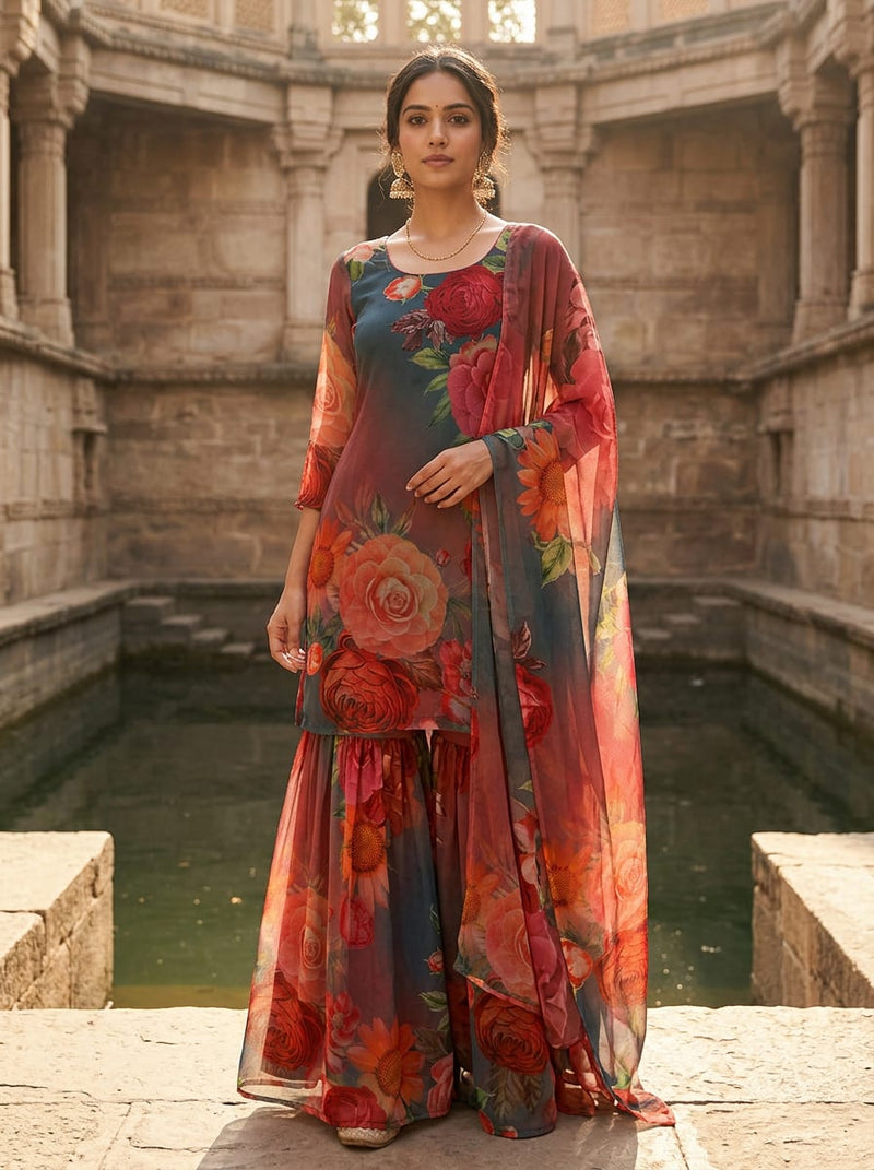 Multicolor Bold Botanical Floral Pure Georgette Digital Printed Fabric