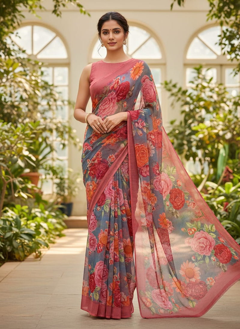 Huge Realistic Flowers Digital Printed Fabric  - Pure Georgette