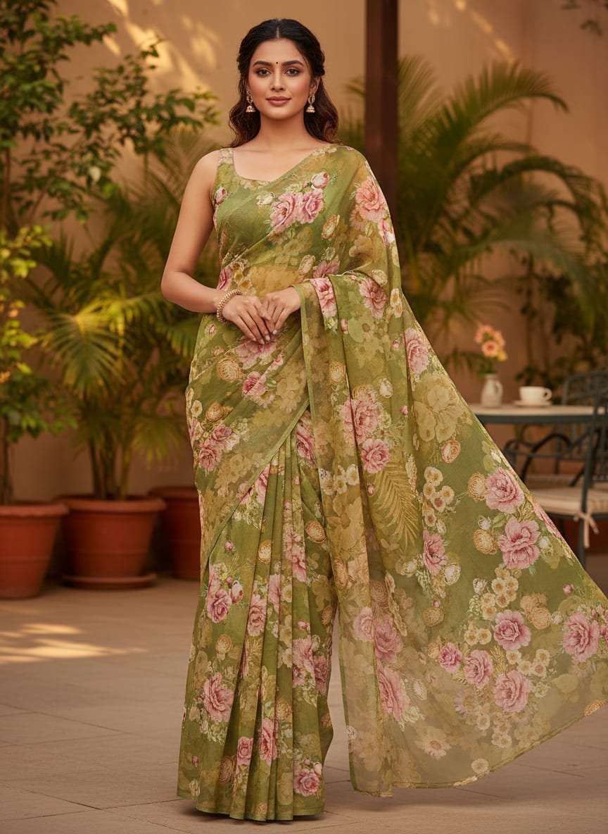 Pink Rose On Green Palate Digital Printed Fabric  - Kora Silk