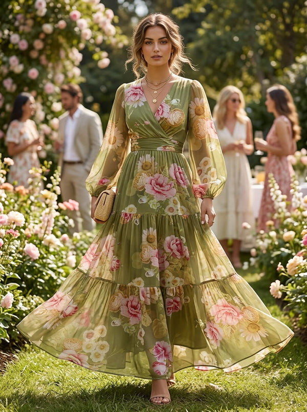Olive Vintage Rose and Daisy Floral Muslin Digital Printed Fabric - Flowy Maxi Dress Lookbook - MU-0-TA07237P4-110 - alternate view