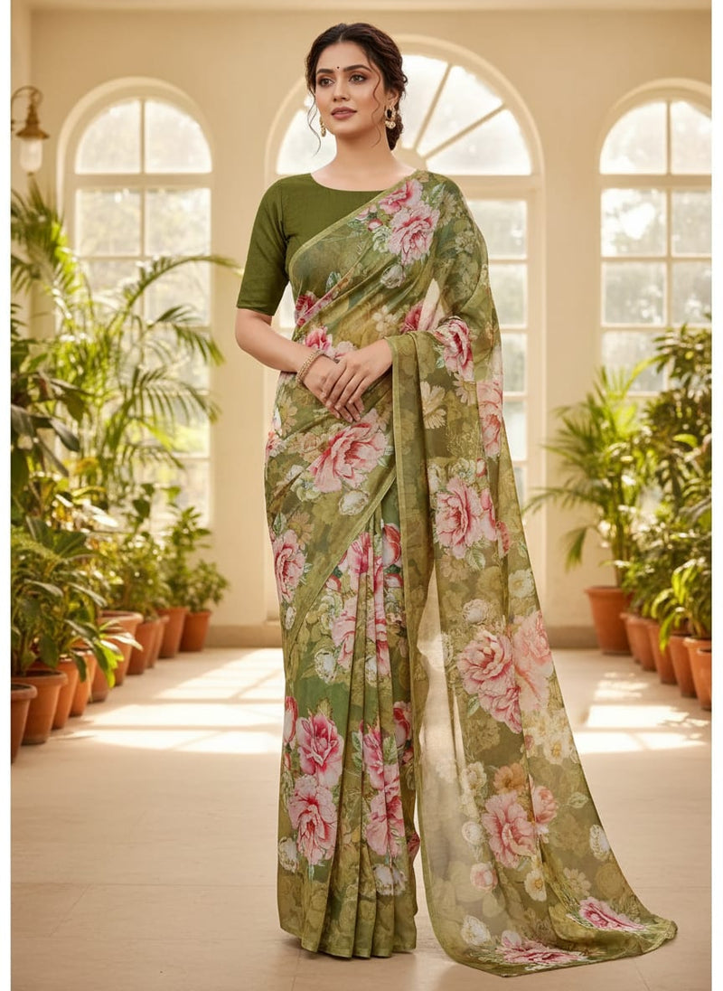 Green Vintage Rose Garden Silk Crepe Digital Printed Fabric
