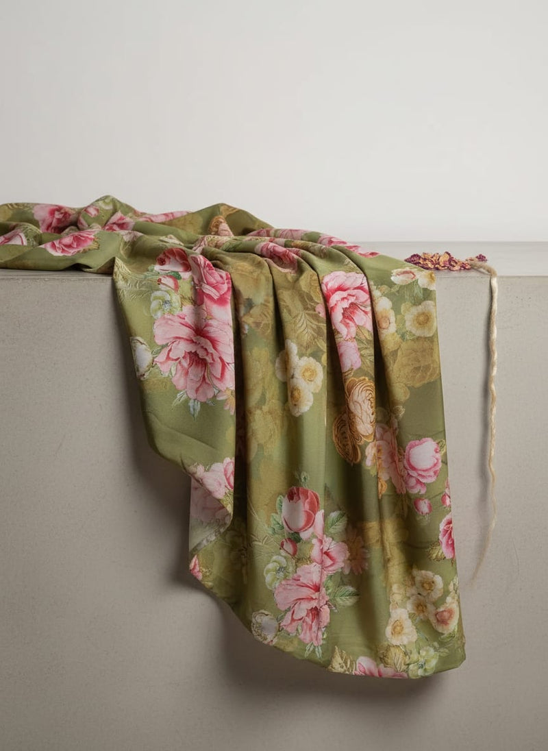 Pink Rose On Green Palate Digital Printed Fabric  - Crepe
