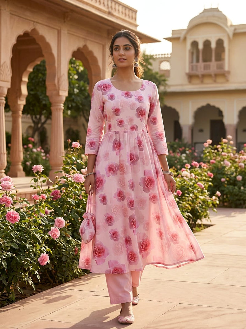 Pink Scattered Pink Roses Floral Pure Cotton Digital Printed Fabric