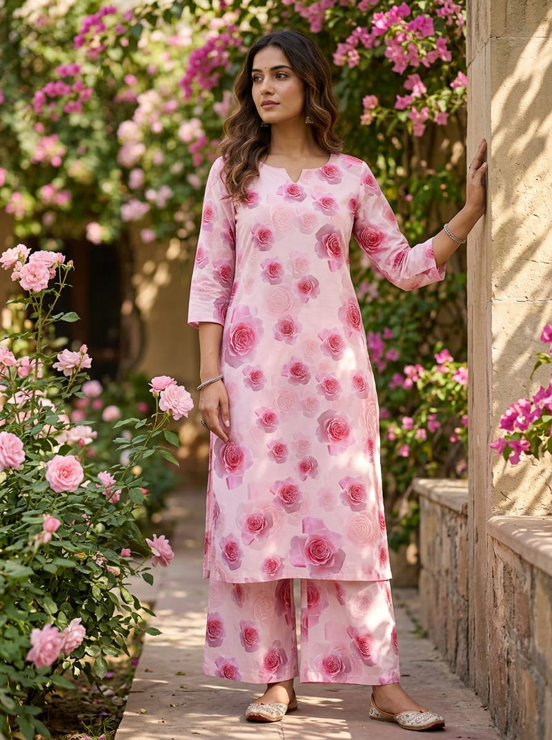 Pink Scattered Pink Roses Floral Pure Cotton Digital Printed Fabric