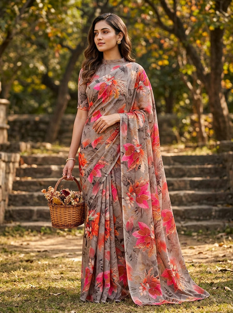 Multicolor Autumnal Botanical Leaf Print Silk Crepe Digital Printed Fabric