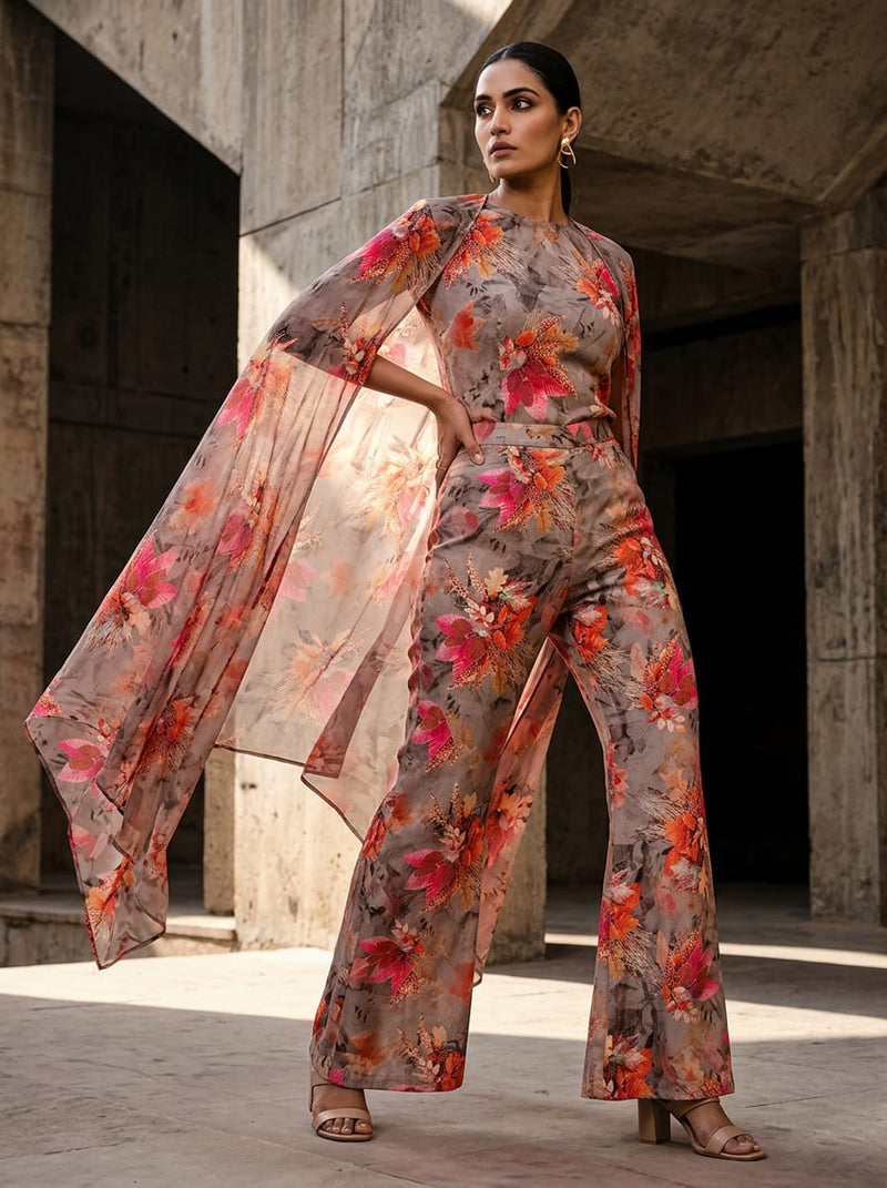 Multicolor Autumnal Botanical Leaf Print Silk Crepe Digital Printed Fabric