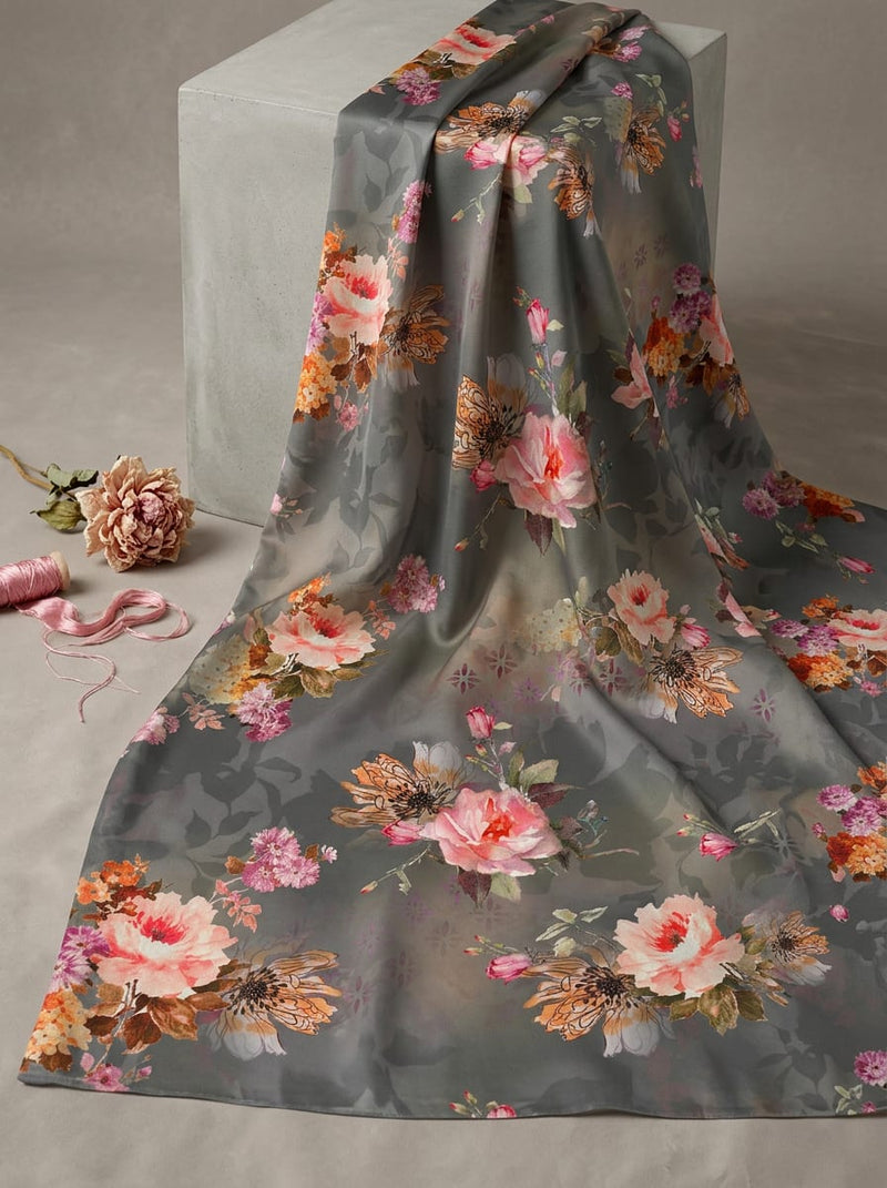 Grey Romantic Floral Bouquets Print Japan Satin Digital Printed Fabric