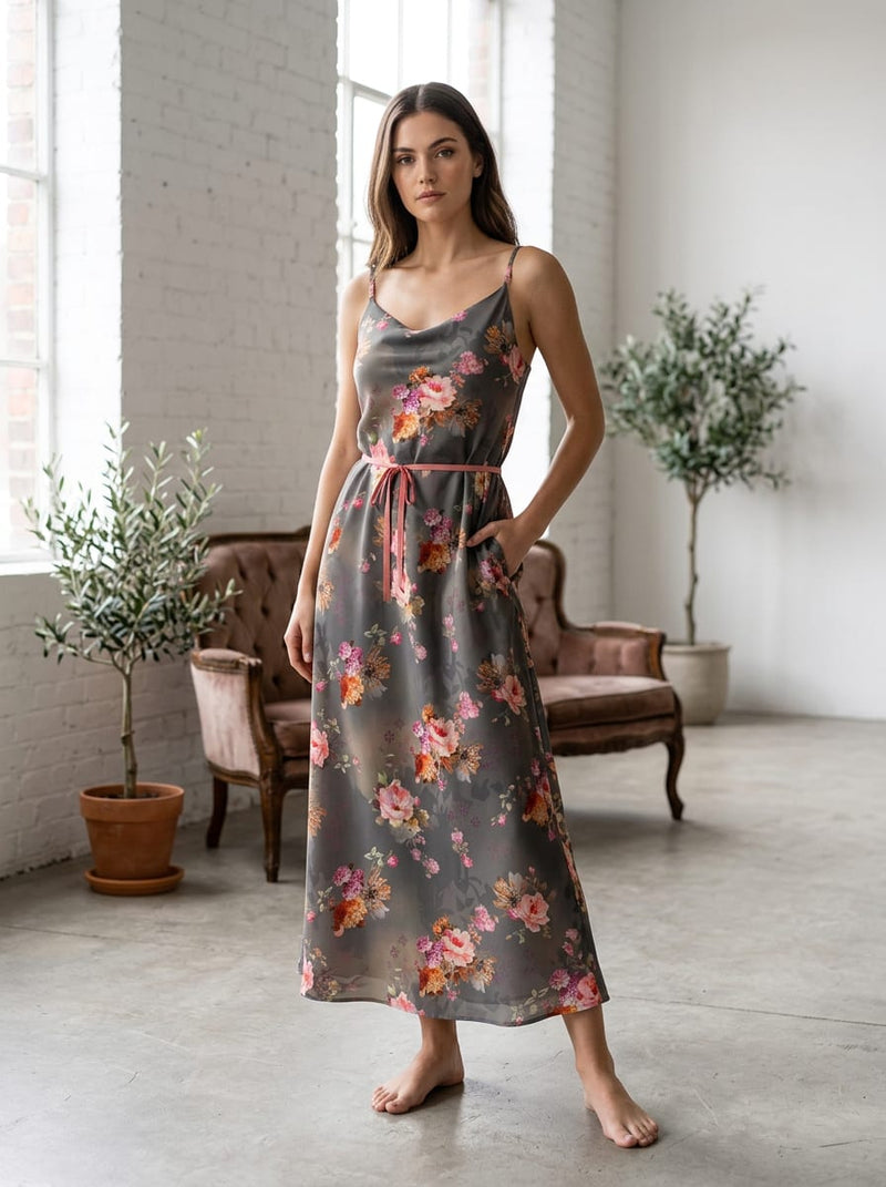 Grey Romantic Floral Bouquets Print Japan Satin Digital Printed Fabric