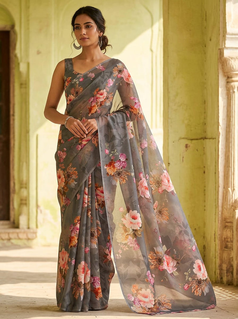 Grey Vintage Floral Bouquets Kora Silk Digital Printed Fabric